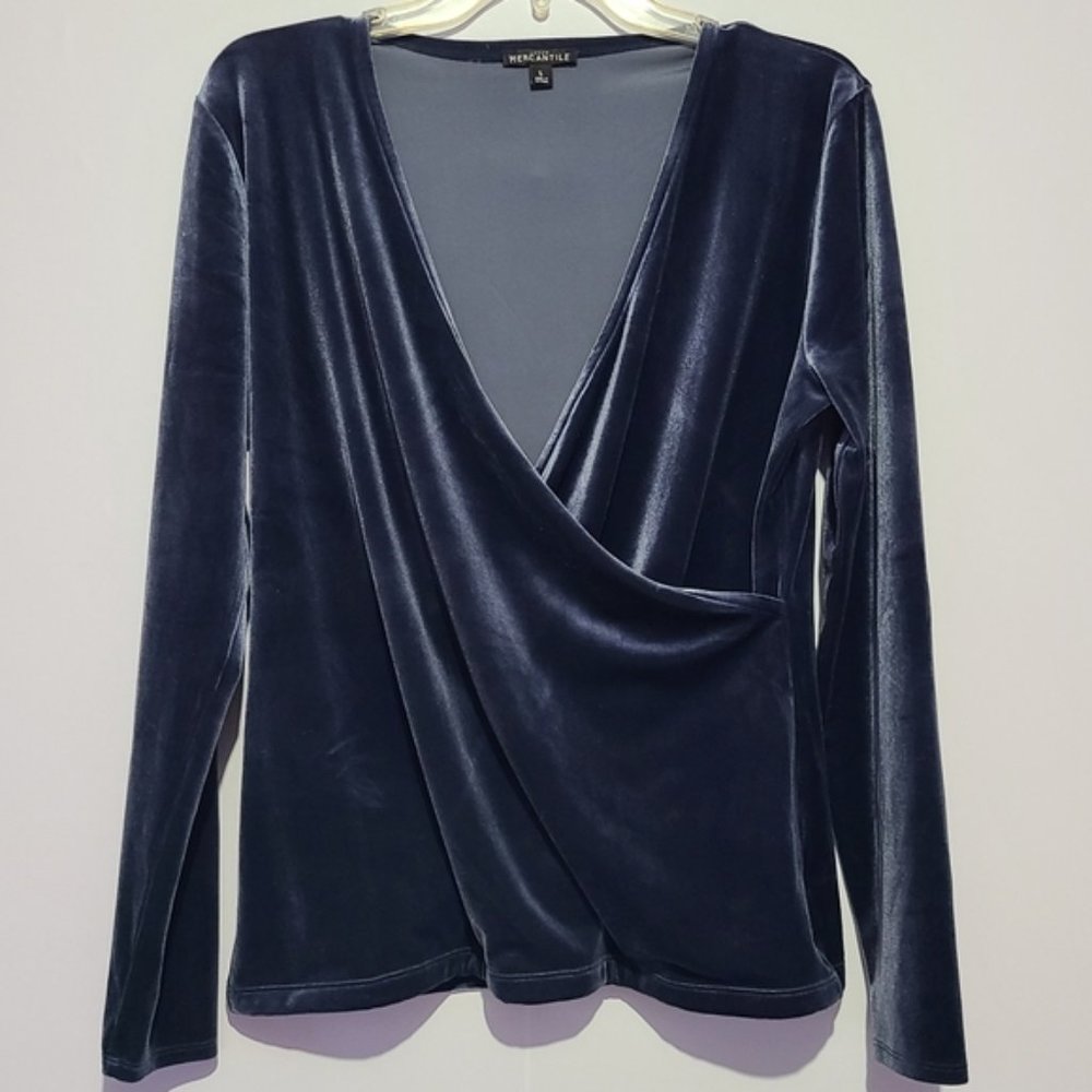 J. Crew Mercantile blue velour faux wrap blouse size L
